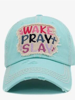 Wake Pray Slay Embroidered Aqua Baseball Cap - Women